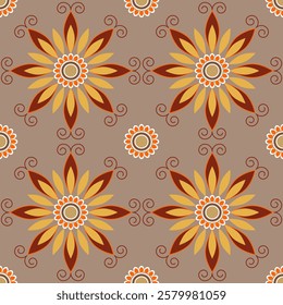 Seamless geometric pattern with flowers and leaves. Vector graphics.