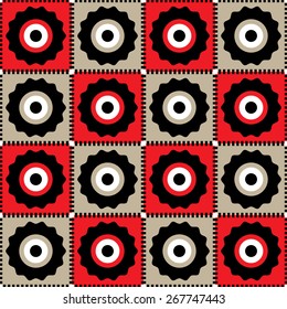 Seamless geometric pattern of flowers on a red and beige square.