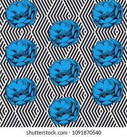 Seamless geometric pattern. Geometric pattern with flowers. Repeating geometric flat patterns. Contemporary graphic design. Can be used in textiles, for book design, website background.