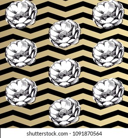 Seamless geometric pattern. Geometric pattern with flowers. Repeating geometric flat patterns. Contemporary graphic design. Can be used in textiles, for book design, website background.