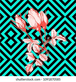 Seamless geometric pattern. Geometric pattern with flowers. Repeating geometric flat patterns. Contemporary graphic design. Can be used in textiles, for book design, website background.