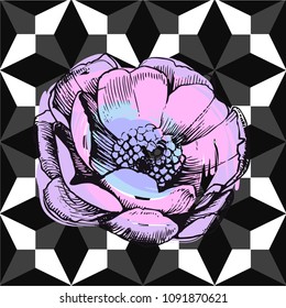 Seamless geometric pattern. Geometric pattern with flowers. Repeating geometric flat patterns. Contemporary graphic design. Can be used in textiles, for book design, website background.