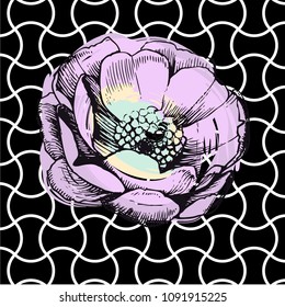 Seamless geometric pattern. Geometric pattern with flowers. Repeating geometric flat patterns. Contemporary graphic design. Can be used in textiles, for book design, website background.