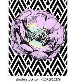 Seamless geometric pattern. Geometric pattern with flowers. Repeating geometric flat patterns. Contemporary graphic design. Can be used in textiles, for book design, website background.