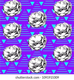 Seamless geometric pattern. Geometric pattern with flowers. Repeating geometric flat patterns. Contemporary graphic design. Can be used in textiles, for book design, website background.