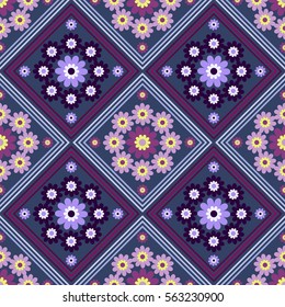 seamless geometric pattern, flowers in a rhombus on a dark blue background,vector illustration
