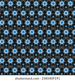 Seamless geometric pattern. Flowers scattered over a black background. Repeat Pattern for fabric print