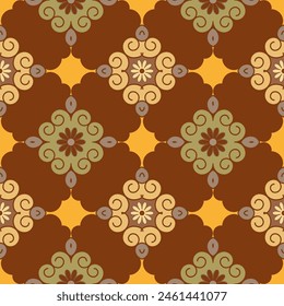 Seamless geometric pattern with flowers, squares and spirals on a brown background. Vector graphics.