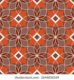Seamless geometric pattern with flowers and squares on a red background. Vector graphics.