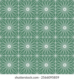 Seamless geometric pattern with flowers, stars and squares. Vector graphics.