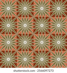 Seamless geometric pattern with flowers, stars and squares. Vector graphics.