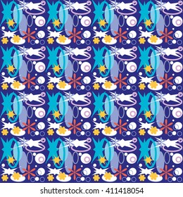 Seamless geometric pattern with flowers and stars. Vector art.