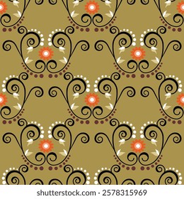 Seamless geometric pattern with flowers, swirls and wavy lines. Vector graphics.