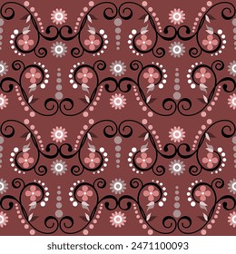 Seamless geometric pattern with flowers, wavy lines and spirals on a colored background. Vector graphics.