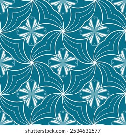 Patrón geométrico sin fisuras con flores y líneas onduladas sobre un fondo azul. Gráficos de Vector.