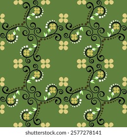 Seamless geometric pattern with flowers, wavy lines and swirls. Vector graphics.