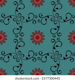 Seamless geometric pattern with flowers, wavy lines and swirls. Vector graphics.