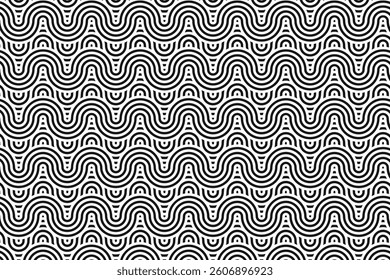 A seamless geometric pattern with flowing wave-like curves and concentric arcs, creating a dynamic and rhythmic visual effect. The repeating design offers a modern and decorative aesthetic.