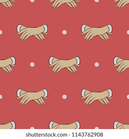 Seamless geometric pattern with folded human hands and polka dots. Vintage style.