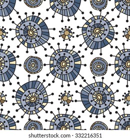 Seamless geometric pattern. Funky colorful circles abstract shapes drawn by hand.