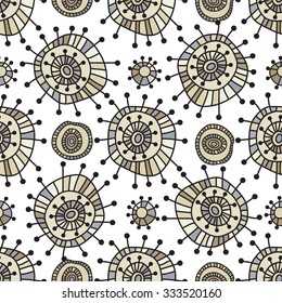 Seamless geometric pattern. Funky colorful circles abstract shapes drawn by hand. Background for design, packaging, wallpaper, fabrics, textiles and various other.