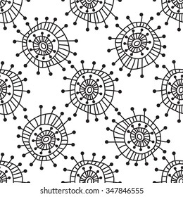 Seamless geometric pattern. Funky colorful circles abstract shapes drawn by hand, black and white graphics. For the design and decoration background, wallpaper, packaging, fabrics, textiles.