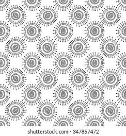 Seamless geometric pattern. Funky colorful circles abstract shapes drawn by hand, black and white graphics. For the design and decoration background, wallpaper, packaging, fabrics, textiles.