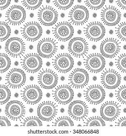 Seamless geometric pattern. Funky colorful circles abstract shapes drawn by hand, black and white graphics. For the design and decoration background, wallpaper, packaging, fabrics, textiles.