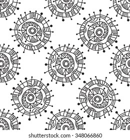 Seamless geometric pattern. Funky colorful circles abstract shapes drawn by hand, black and white graphics. For the design and decoration background, wallpaper, packaging, fabrics, textiles.