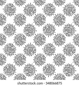 Seamless geometric pattern. Funky colorful circles abstract shapes drawn by hand, black and white graphics. For the design and decoration background, wallpaper, packaging, fabrics, textiles.