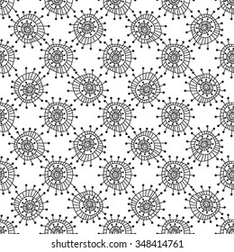 Seamless geometric pattern. Funky colorful circles abstract shapes drawn by hand, black and white graphics. For the design and decoration background, wallpaper, packaging, fabrics, textiles.