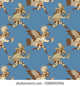 Seamless geometric pattern with funny running animals. Based on ancient Peruvian Moche art. Mochica Indians of Peru.