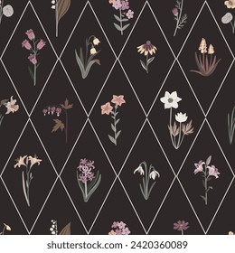 seamless geometric pattern with garden flowers, vector drawing flowering plants at dark background, floral cover design, hand drawn botanical illustration