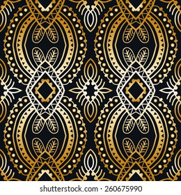 Seamless geometric pattern. Gold and black background. Vector repeating texture with hand drawn ornament. Stylish geometric background.