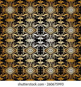 Seamless geometric pattern. Gold and black background. Vector repeating texture with hand drawn ornament. Stylish geometric background.