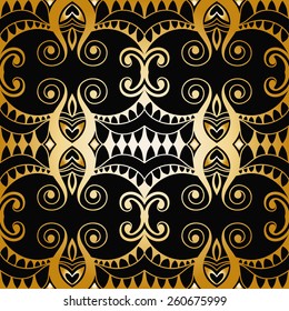 Seamless geometric pattern. Gold and black background. Vector repeating texture with hand drawn ornament. Stylish geometric background.