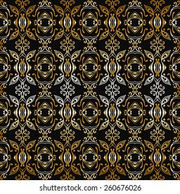 Seamless geometric pattern. Gold and black background. Vector repeating texture with hand drawn ornament. Stylish geometric background.