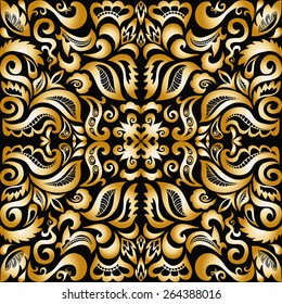 Seamless geometric pattern. Gold and black background. Vector repeating texture with hand drawn ornament. Stylish geometric background.