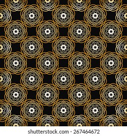 Seamless geometric pattern. Gold and black background. Vector repeating texture with hand drawn ornament. Stylish geometric background.