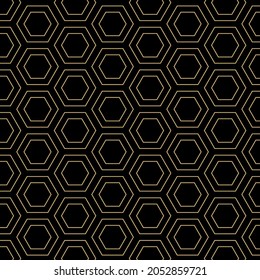 Seamless geometric pattern with gold diagonal hexagon, honeycomb on black background. Abstract christmas color vector print. Luxury creative print design for invite, gift certificate, voucher, card