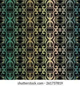 Seamless geometric pattern. Gold green and black background. Vector repeating texture with hand drawn ornament. Stylish geometric background.