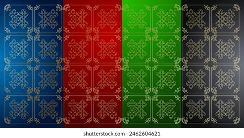 Seamless geometric pattern, gold pattern on blue, red, green and black backgrounds. Traditional mosaic is perfect for decorating holiday materials.
