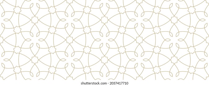 Seamless geometric pattern with gold stars and floral elements on white background. Monochrome vector abstract design. Decorative lattice in Arabic style. Background for textile, fabric and wrapping.