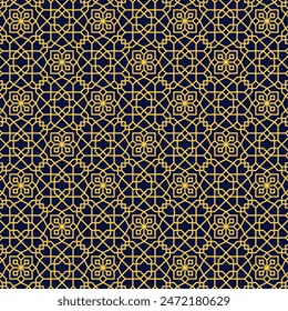 Seamless geometric pattern with golden Arabesque lines. Versatile design for various creative projects, suitable for decoration, architecture, calligraphy, background, wallpaper, etc.