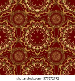 Seamless geometric pattern. Golden background. Abstract geometric pattern. Vector seamless pattern on a red background. Vector golden texture. Geometric background with rhombus and nodes.