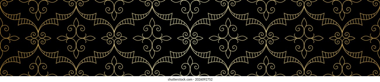 Seamless geometric pattern with golden flowers on black background. Monochrome vector abstract floral design. Decorative lattice in Arabic style. Background for textile, fabric and wrapping.