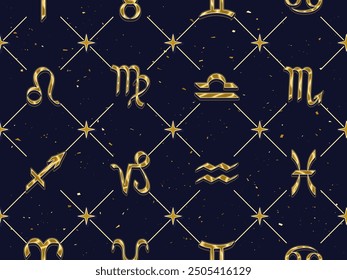 Seamless geometric pattern with golden icons of all zodiac signs, stars on dark background. Classic square geometric diagonal net grid background. Esoteric mystic concept.