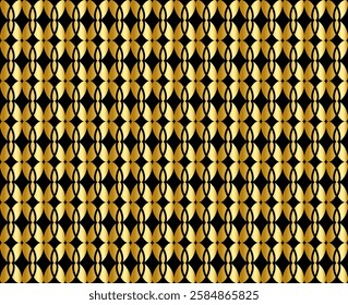 Seamless geometric pattern with golden interlocking shapes, creating a luxurious and sophisticated look. Ideal for wallpapers, textiles, packaging, branding, and digital backgrounds.