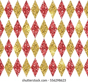 Seamless geometric pattern of golden, red and white rhombuses. Gold glitter texture. Vector background.