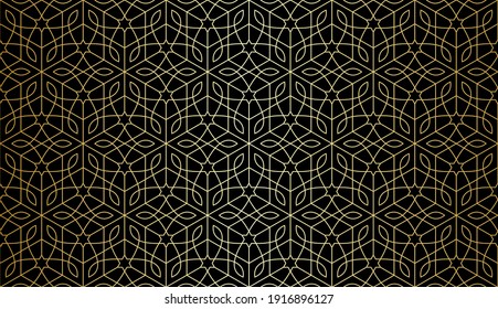 Seamless geometric pattern with golden stars and stylized flowers on black. Monochrome vector abstract floral design. Decorative lattice in Arabic style. Background for textile, fabric and wrapping.